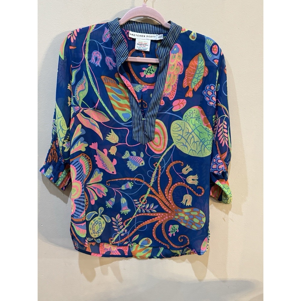 Gretchen Scott Size Small Shrimp Captain Hook Sea of Love Top Blouse Colorful